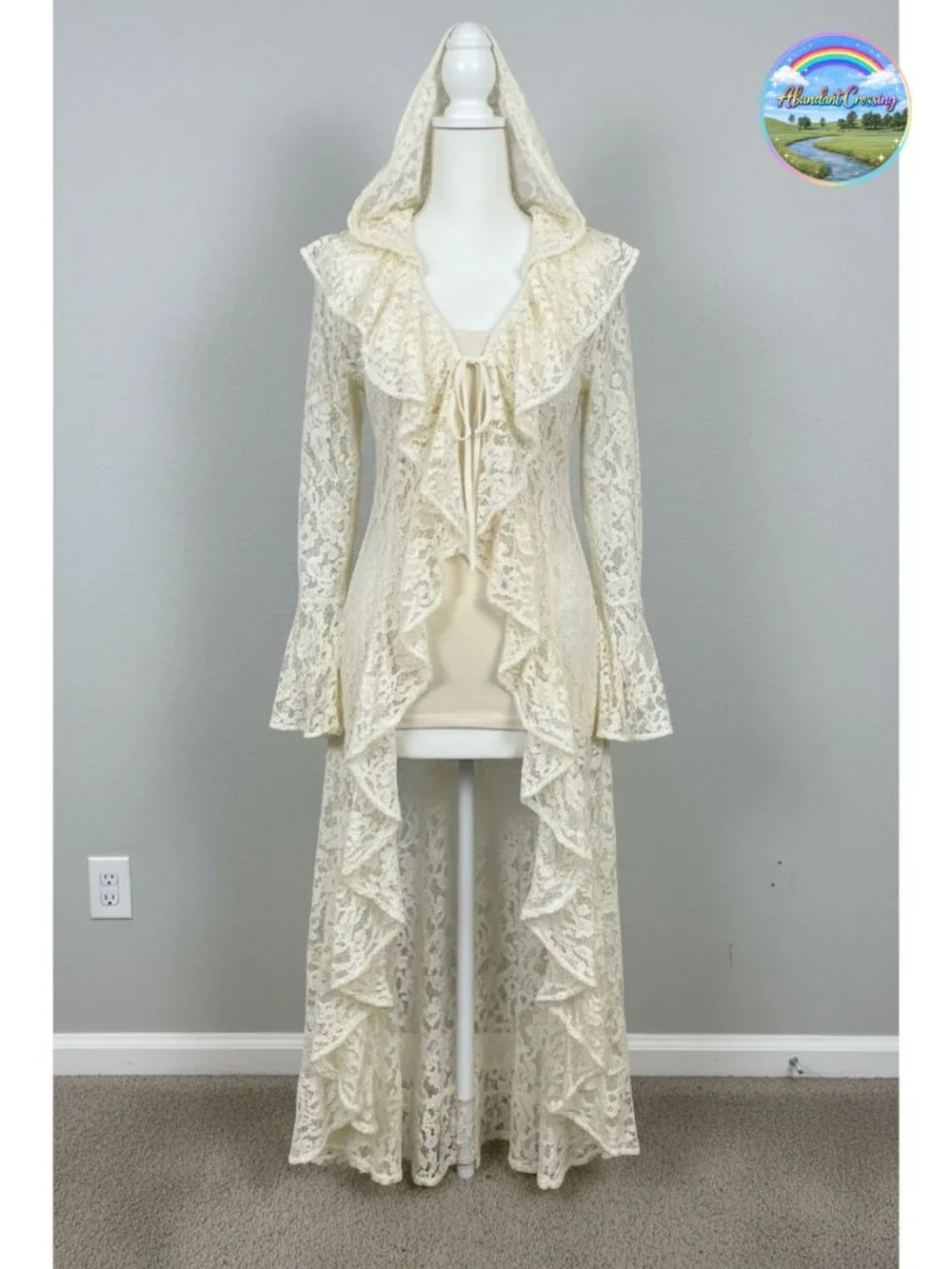 Lace Maxi Cardigan Open Front Tie Bell Sleeve Ruffled Duster Cover Up